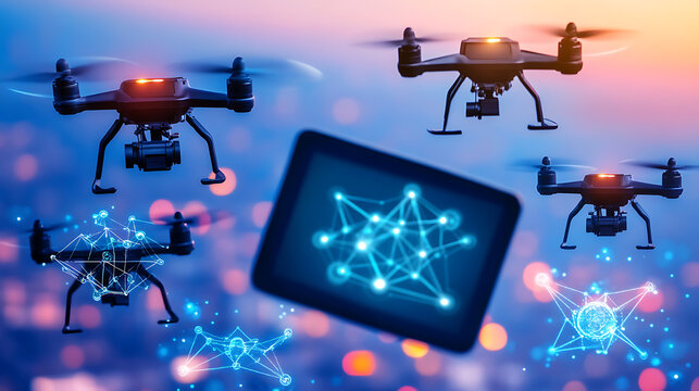 Drones Hovering with Networked Tablet Displaying Connected Nodes