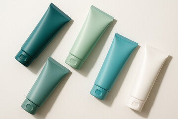 Premium Flat Lay Facewash Tube Mockup in Teal Blue, Mint Green, and Aqua