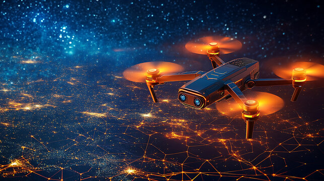 Advanced Drone Hovering Over Illuminated Cityscape at Night