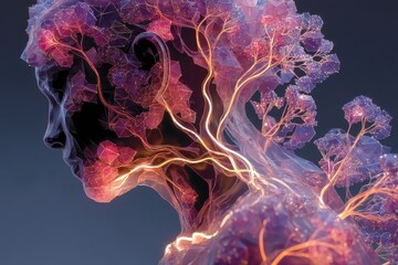 Futuristic conceptual artwork with neural tree and human silhouette