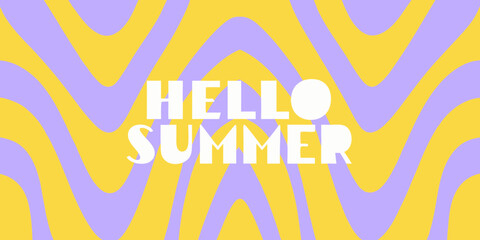 Hello summer text with wavy purple and yellow background pattern