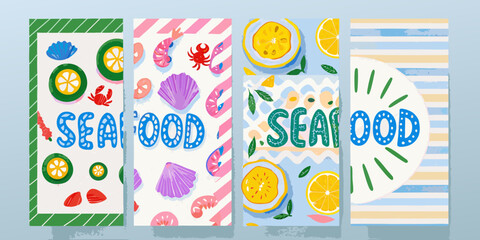 Colorful and whimsical seafood illustrations with text and tropical fruits