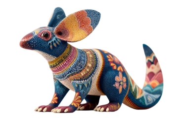 Colorful decorative sculpture of a stylized animal with Day of the Dead, showcasing craftsmanship and artistic expression in a playful design. on a transparent background