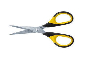 Sharp metal scissors with yellow and black handles isolated on transparent background