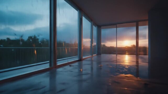 Modern empty interior with large windows showcasing a sunset through rain-soaked glass