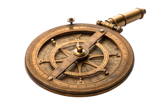 Antique brass navigational instrument isolated on white background