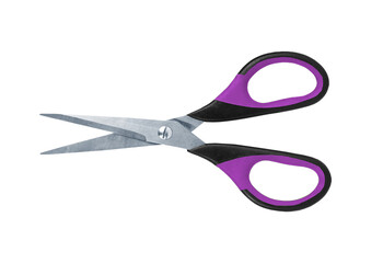 Pair of purple handled scissors isolated on transparent background