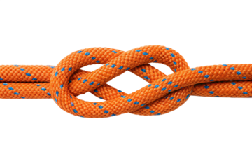 Close-up of a strong orange climbing rope tied in a secure figure-eight knot representing connection and reliability on a white background