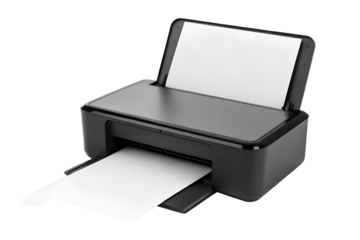 Compact inkjet printer with paper output isolated on white background