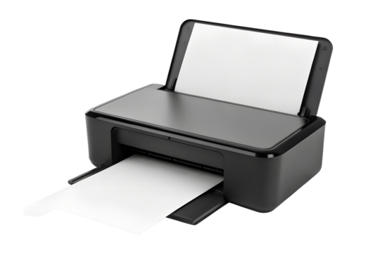 Compact inkjet printer with paper output isolated on white background