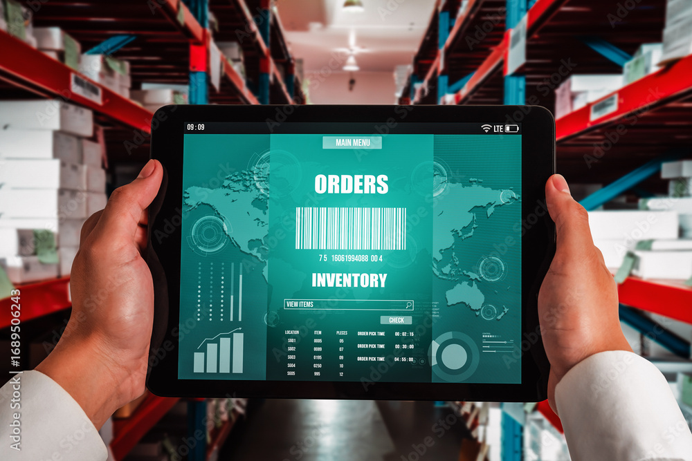 Poster warehouse management innovative software in computer for real time monitoring of goods package deliv