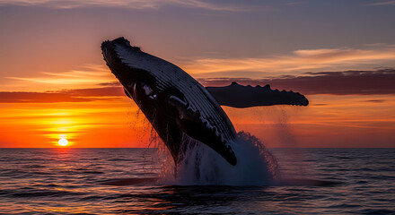 Fototapeta premium Majestic Humpback Whale Breaching Out of Ocean Water at Sunset.