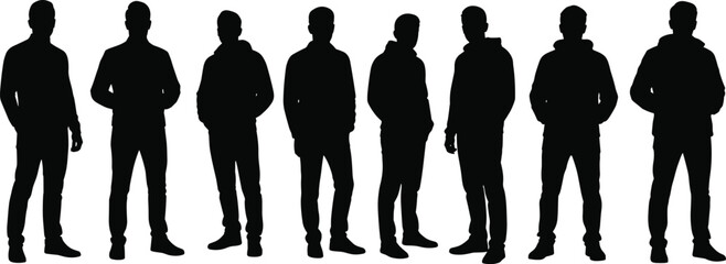 Silhouettes of nine men wearing hoodies standing in various casual poses, black flat vector illustration, isolated white background, male figures