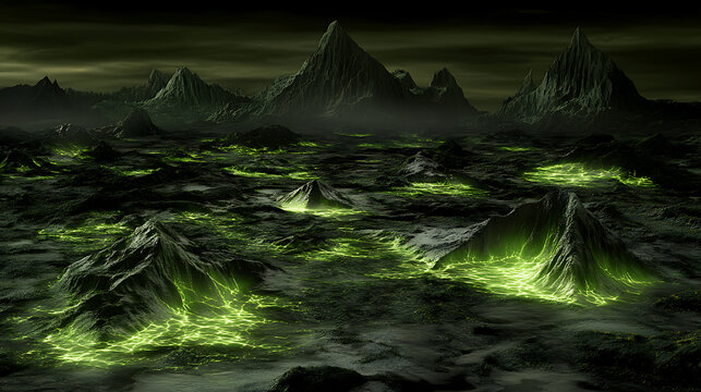 Luminous Landscape with Glowing Green Veins and Dark Peaks