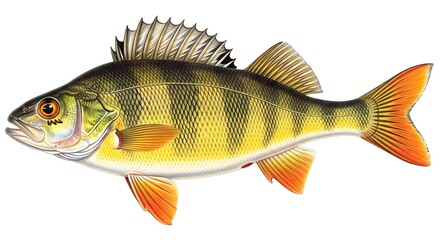 A detailed illustration of a yellow perch fish, isolated on a white background. Ideal for fishing, seafood, or nature themes.