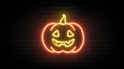 Neon orange and yellow pumpkin glowing on a dark brick wall, Halloween aesthetic