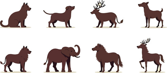 Obraz premium Collection of eight brown animal silhouettes: dog, deer, elephant, lion.
