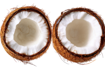 Two halves of a coconut, close-up view.  The interior is white and fleshy, contrasted with the brown husk