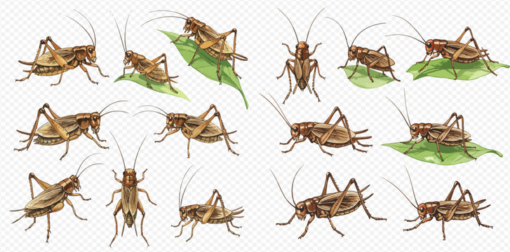 A collection of realistic brown cricket illustrations shown in various poses and angles, some resting on green leaves.
