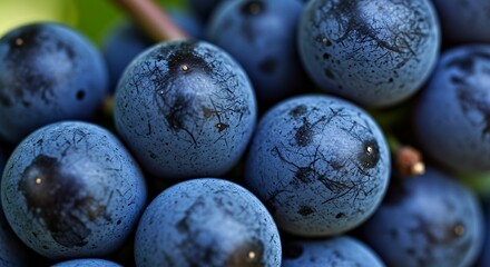 Close-up of fresh, ripe, dark blue grapes on the vine.