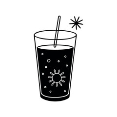 Stylized sparkling summer beverage with sun and star in minimalist black style