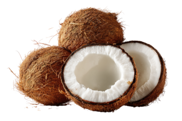 Three coconuts, one whole, two halved, displaying a white interior