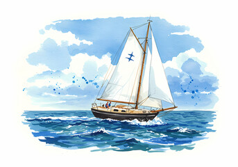 Fototapeta premium Sailboat Watercolor Painting: Serenity at Sea
