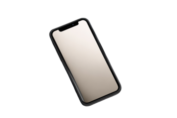 A modern smartphone, angled and displayed against a black backdrop.  The screen is a muted beige color