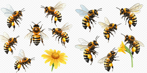 A collection of detailed honeybee illustrations in various flight poses, with one pollinating a yellow flower, isolated on a transparent background.