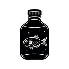 Fish in a Bottle Black and White Illustration, Aquatic Creature Container