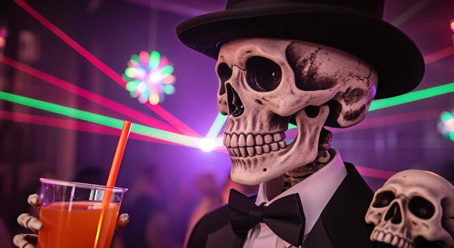 A sophisticated skeleton gentleman in a top hat and tuxedo enjoys a drink at a vibrant laser light party with a small skull companion.