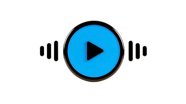 Blue play button icon with black sound wave lines, modern 3D style, symbolizing audio, music, or video playback, isolated on transparent background, energetic and dynamic