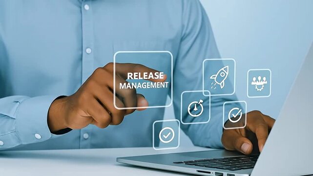 Professional Managing Software Release Workflow on Virtual Screen, Interacting with Digital Interface for Deployment and Project Management