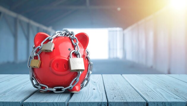 Red piggy bank chained and locked on a wooden surface