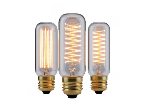Vintage light bulb glowing filament glass gold base retro isolated clear electricity warm light decorative Vintage light bulb with glowing filament and gold base retro style clear glass isolated