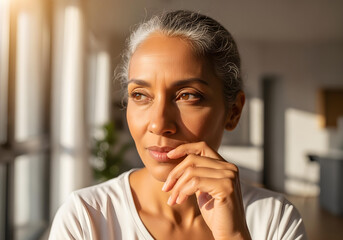 Close-up shot of a 55 year old american woman with light brown skin and gray hair, her hand is touching her face