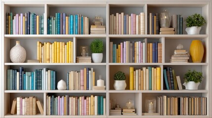 Organized bookshelves, warm aesthetic
