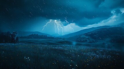 Lightning Strikes Over a Dark Mountain Valley During a Thunderstorm image photo