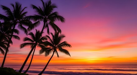 Vibrant tropical sunset paints the sky with vivid hues over a serene ocean and silhouetted palm trees.