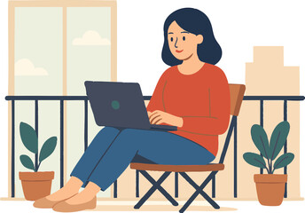 woman working on laptop, woman working on laptop in balcony, work from home