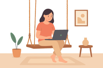 young woman working on laptop, young woman working on computer, woman working on laptop, young woman sitting on a traditional wooden swing (jhula) indoors, comfortably working on a laptop