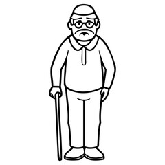 Elderly man with cane and glasses standing, simple line art illustration