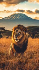 Lion standing in African savanna with Kilimanjaro mountain at sunrise male lion king of the photo