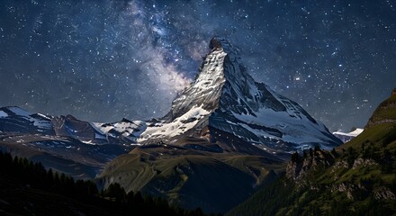 Majestic snow-capped mountain peak under a breathtaking starry night sky.