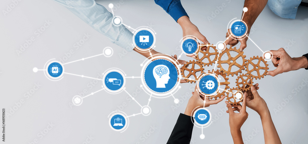 Poster a vibrant representation of collaboration in ai technology, showcasing diverse hands connecting gear