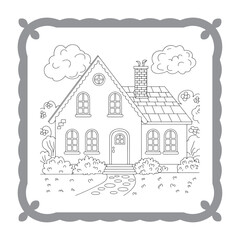 Fototapeta premium Charming House Coloring Page Delightful Outlines for Creative Fun Awaiting Artistic Expression with Clouds, Bushes and a Cute Path