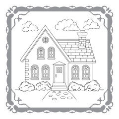 Fototapeta premium Charming House Coloring Page with Lush Garden and Whimsical Clouds Awaiting Creative Color Application for Relaxation