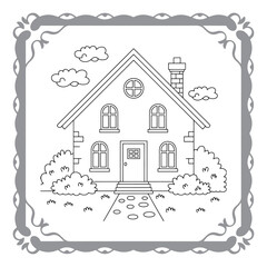 Charming House Coloring Page with Lush Garden and Whimsical Clouds Awaiting Creative Color Application for Relaxation