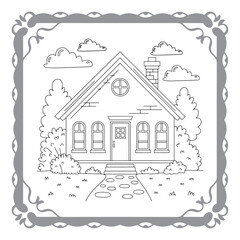 Charming House Coloring Page with Lush Garden and Whimsical Clouds Awaiting Creative Color Application for Relaxation