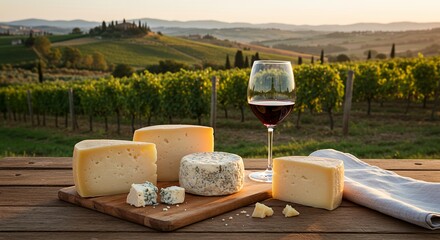 Some cheese and a glass of red wine sit on a wooden picnic table in the garden, vineyards of Tuscany in the background, Generative AI.
